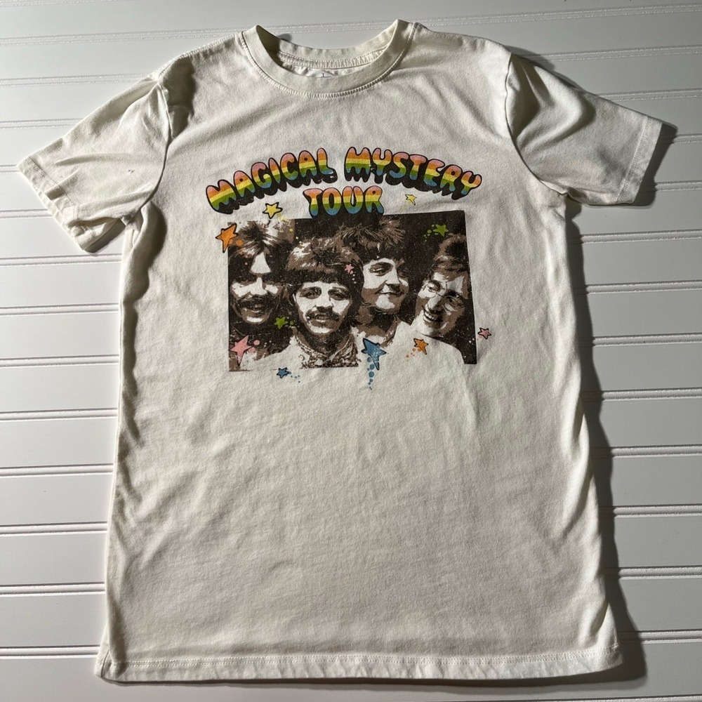 Beatles Magical Mystery Tour Graphic Tee XS Off-White Retro Band Shirt - Picture 2 of 7